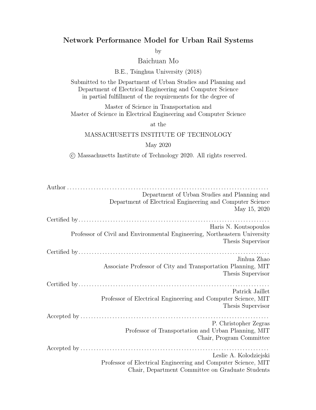 Network Performance Model for Urban Rail Systems Baichuan Mo