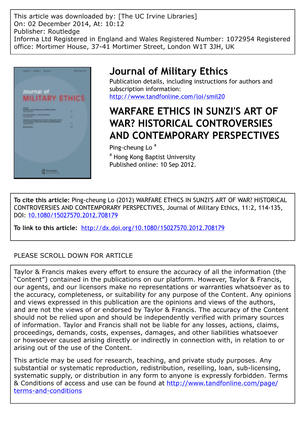 Journal of Military Ethics WARFARE ETHICS in SUNZI's ART of WAR?