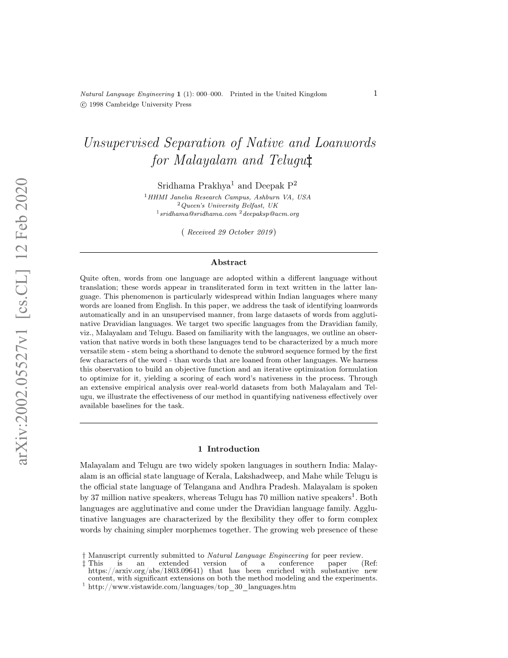 Unsupervised Separation of Native and Loanwords for Malayalam and Telugu†‡