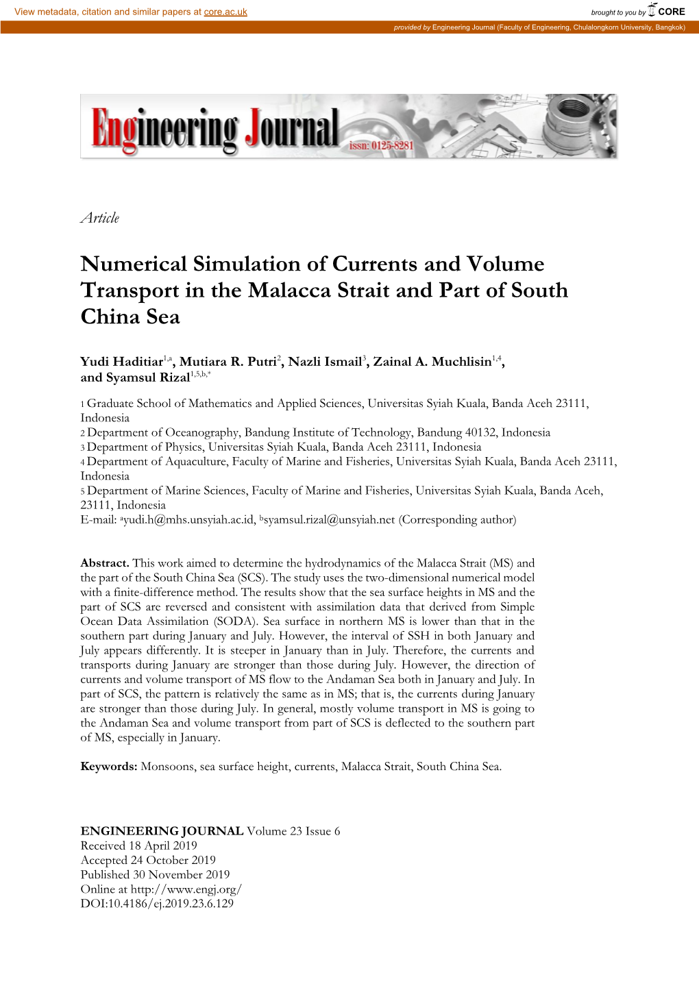 Numerical Simulation of Currents and Volume Transport in the Malacca Strait and Part of South China Sea