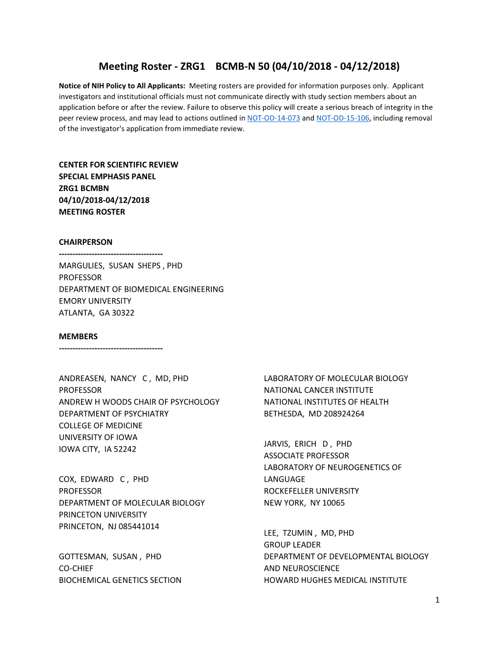 Meeting Roster - ZRG1 BCMB-N 50 (04/10/2018 - 04/12/2018)