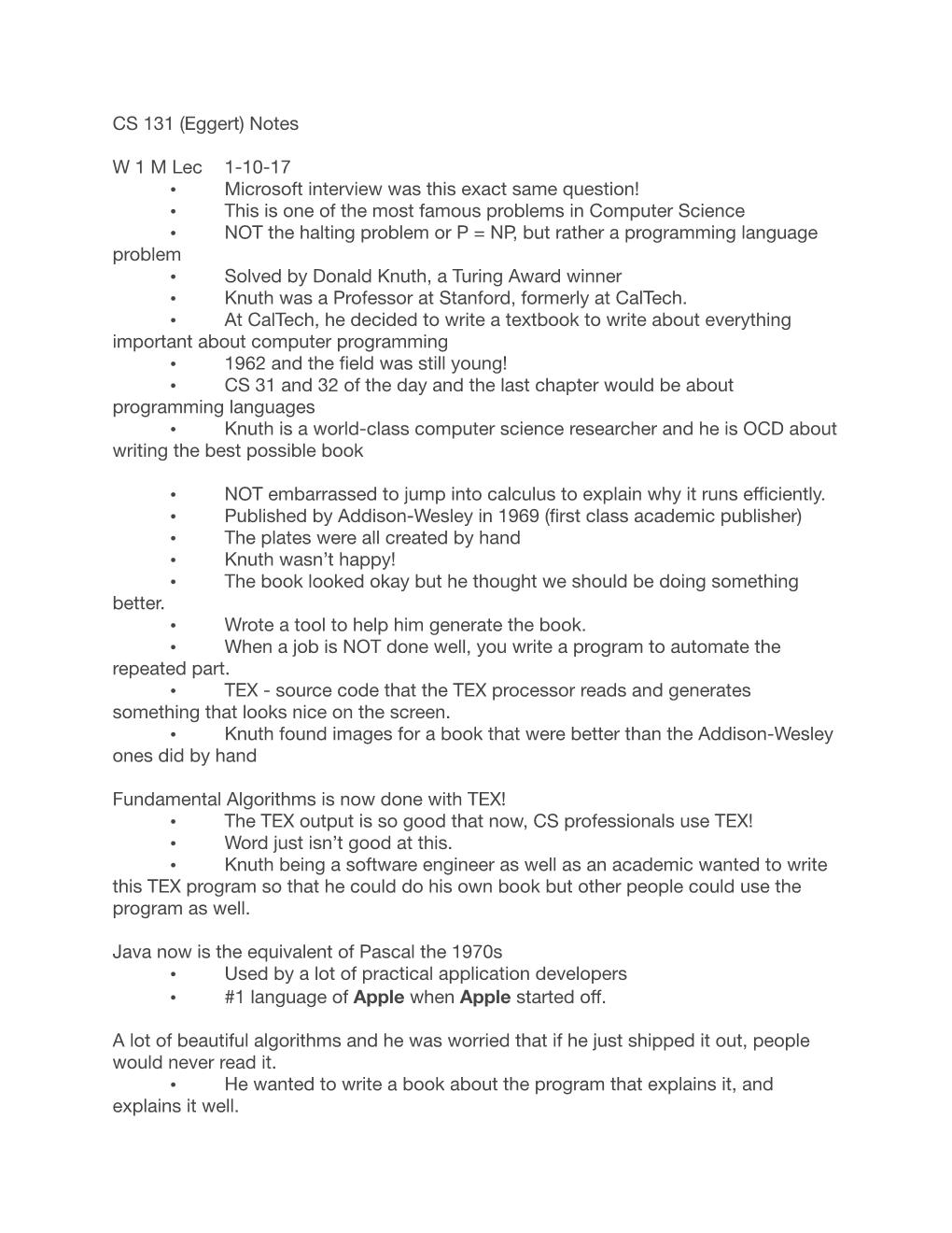 CS 131 (Eggert) Notes W 1 M Lec 1-10-17 Microsoft Interview Was This