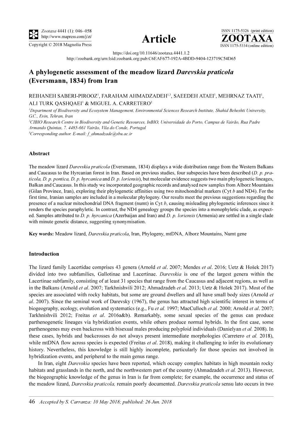 A Phylogenetic Assessment of the Meadow Lizard Darevskia Praticola (Eversmann, 1834) from Iran