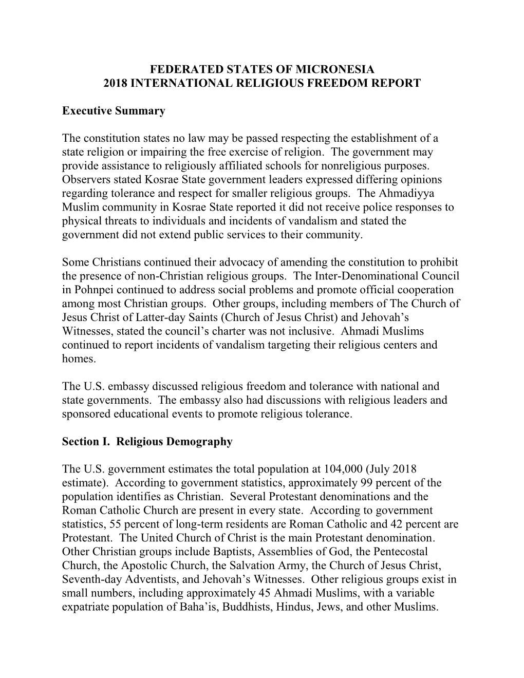 Micronesia 2018 International Religious Freedom Report