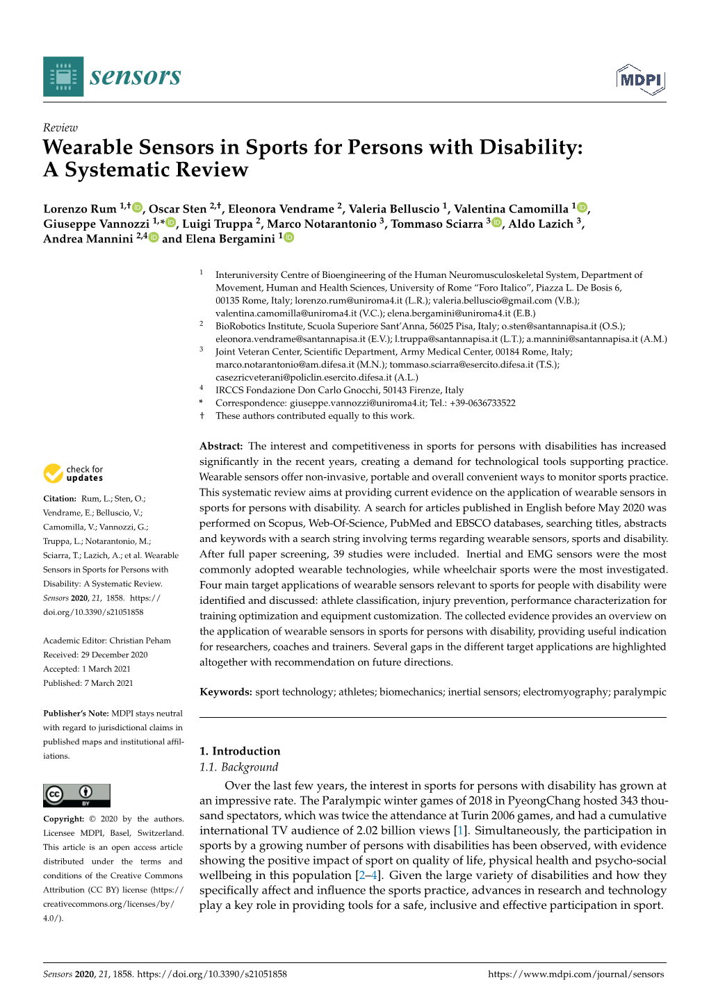 Wearable Sensors in Sports for Persons with Disability: a Systematic Review