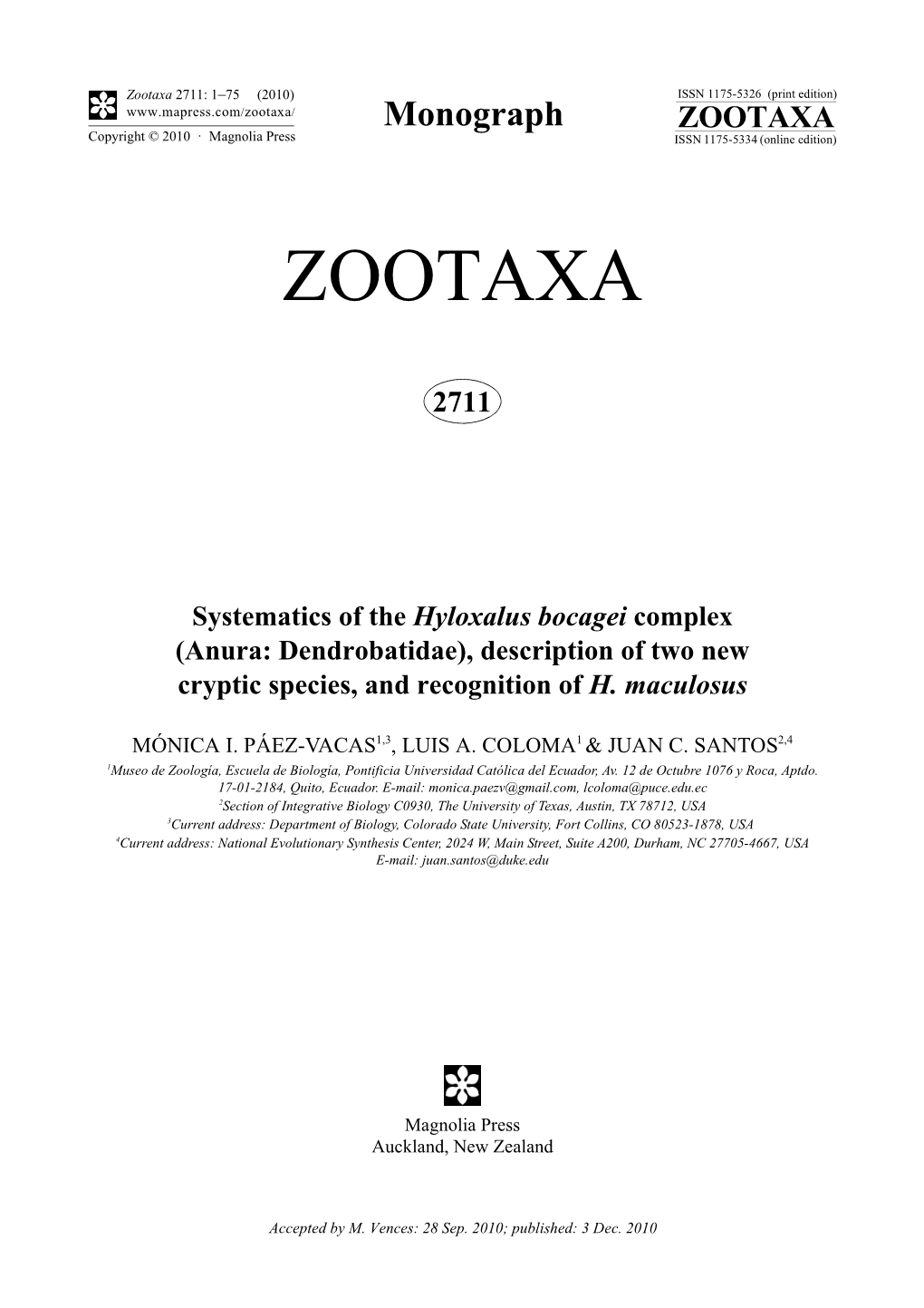 Systematics of the Hyloxalus Bocagei Complex (Anura: Dendrobatidae), Description of Two New Cryptic Species, and Recognition of H