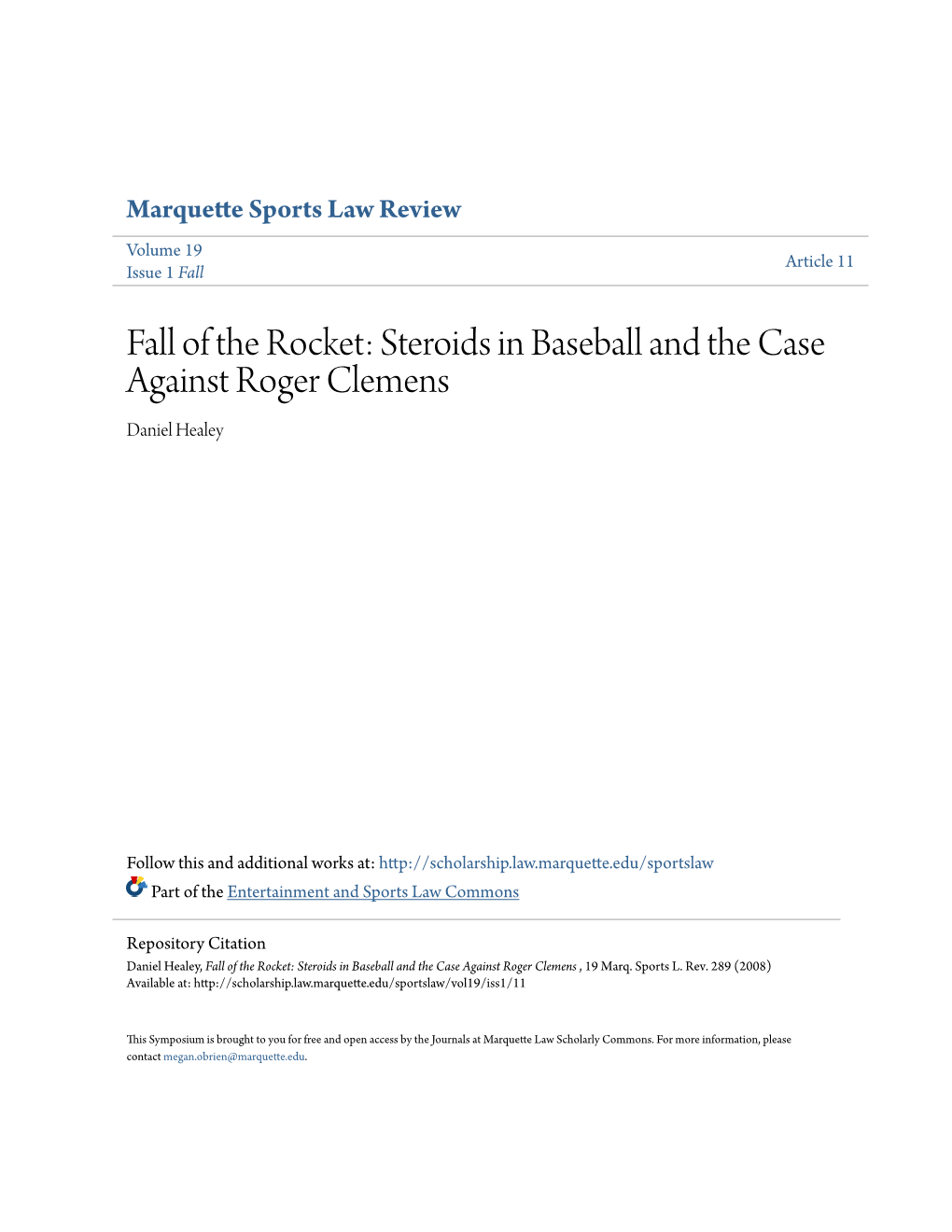 Steroids in Baseball and the Case Against Roger Clemens Daniel Healey