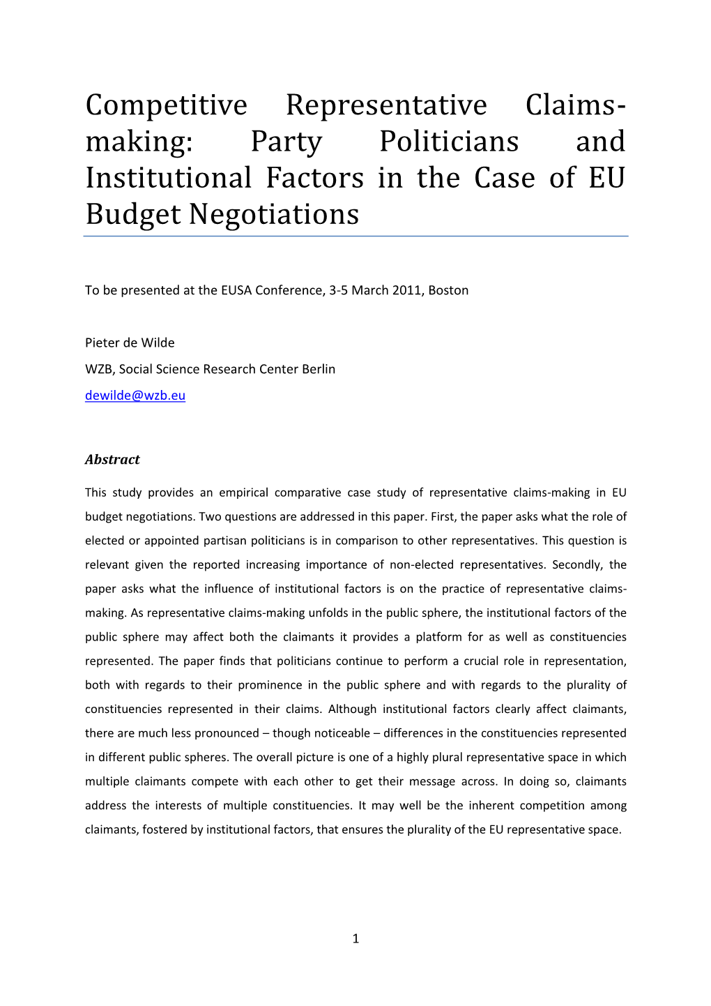 Competitive Representative Claims- Making: Party Politicians and Institutional Factors in the Case of EU Budget Negotiations