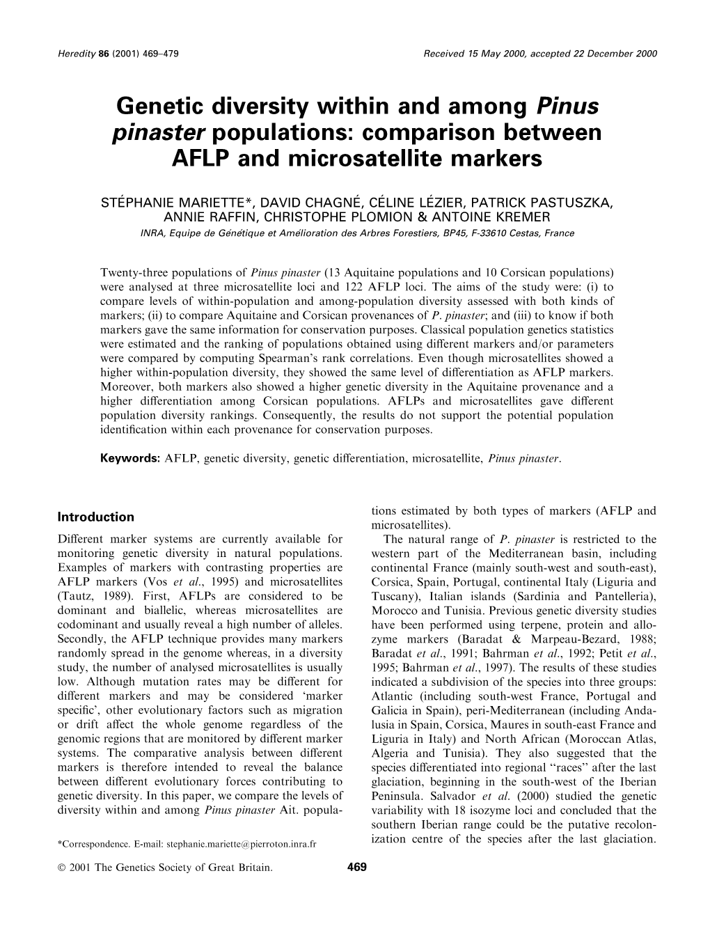 Genetic Diversity Within and Among Pinus Pinaster Populations: Comparison Between AFLP and Microsatellite Markers