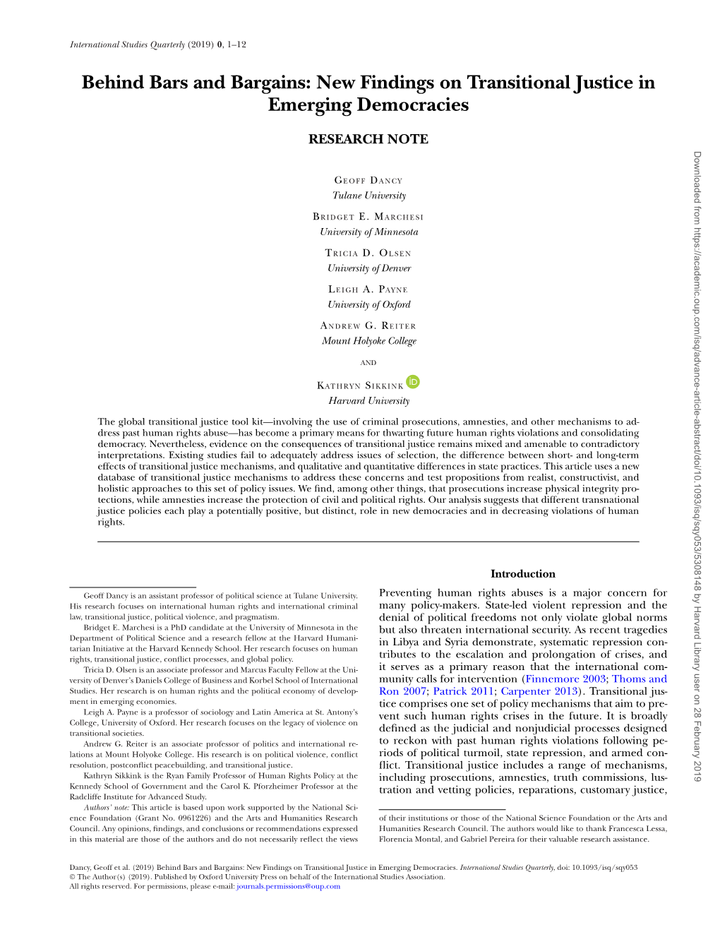 Behind Bars and Bargains: New Findings on Transitional Justice in Emerging Democracies