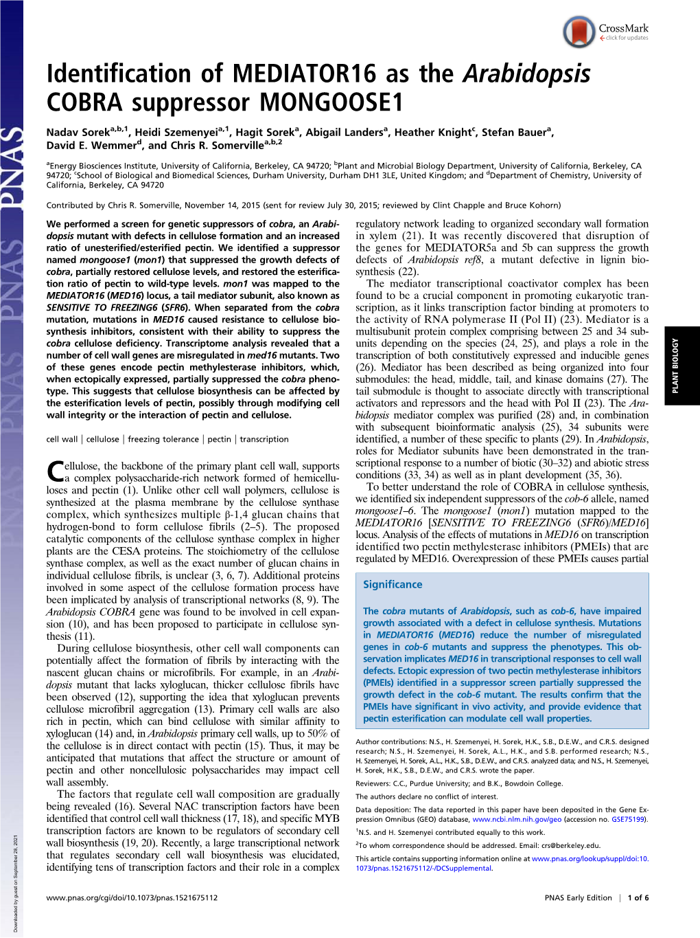 Identification of MEDIATOR16 As the Arabidopsis COBRA Suppressor MONGOOSE1