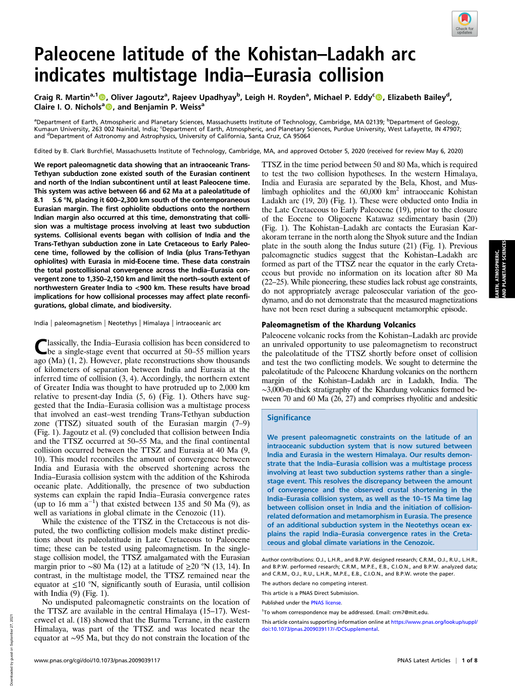 Paleocene Latitude of the Kohistan–Ladakh Arc Indicates Multistage India–Eurasia Collision