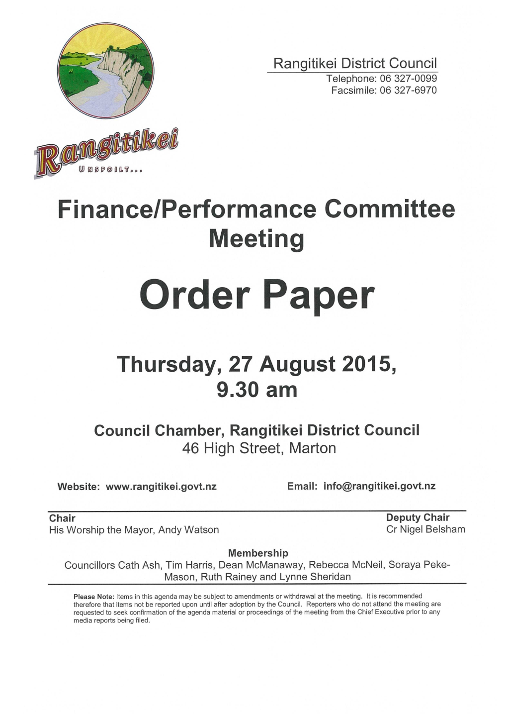 Finance/Performance Committee Meeting Order Paper