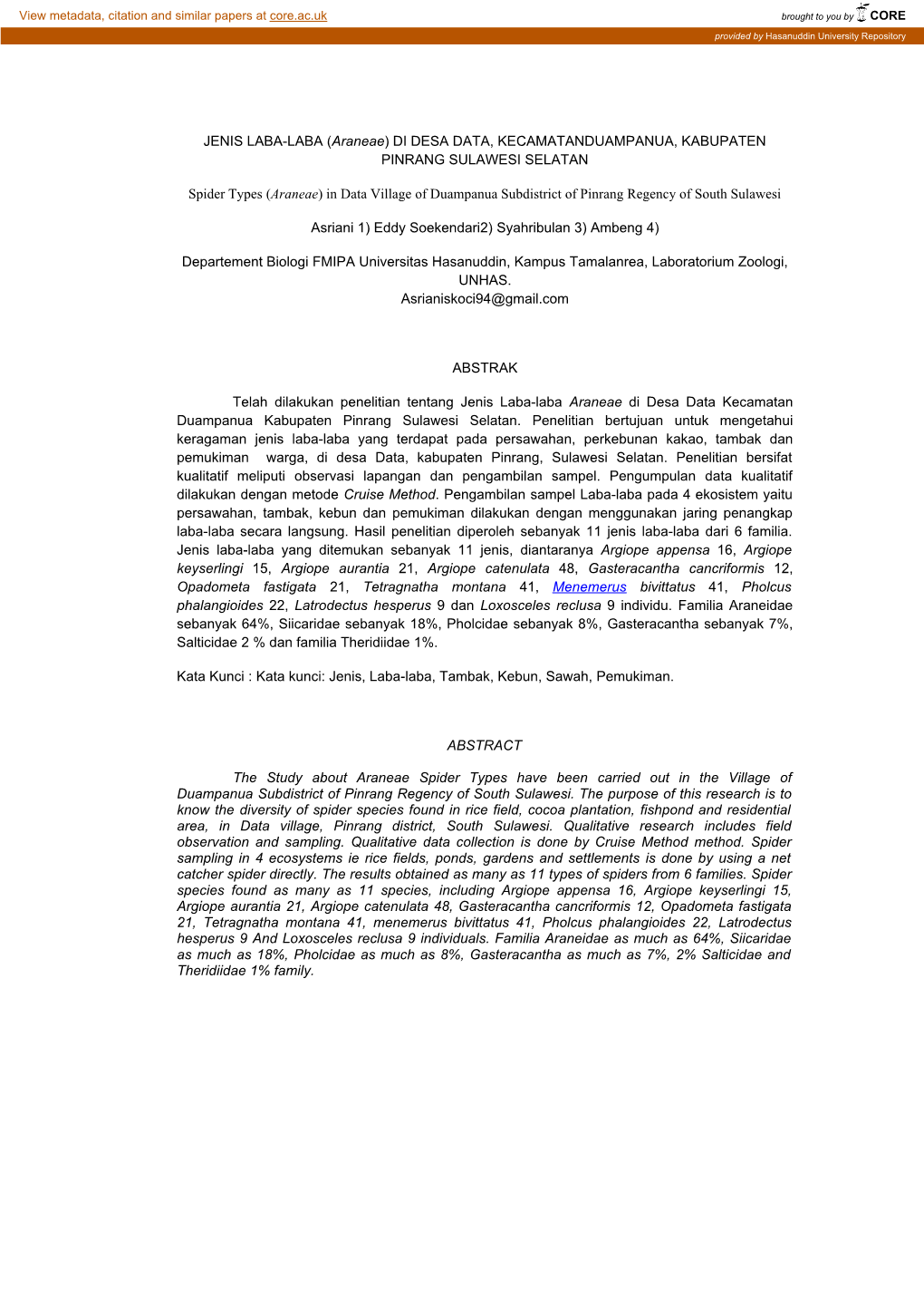 JENIS LABA-LABA (Araneae) DI DESA DATA, KECAMATANDUAMPANUA, KABUPATEN PINRANG SULAWESI SELATAN