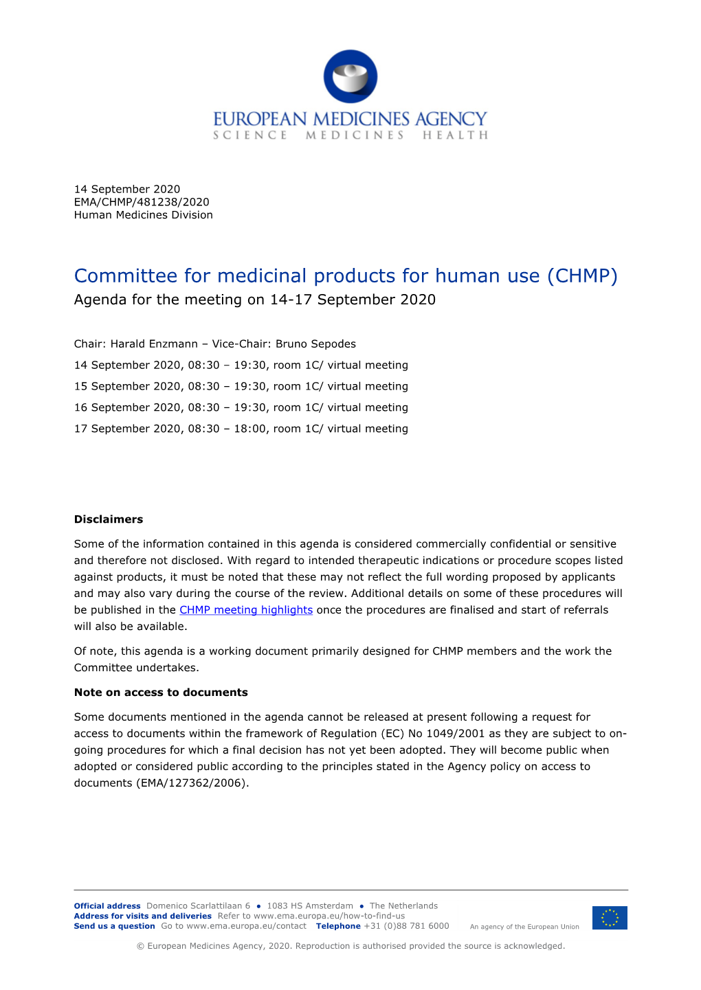 (CHMP) Agenda for the Meeting on 14-17 September 2020