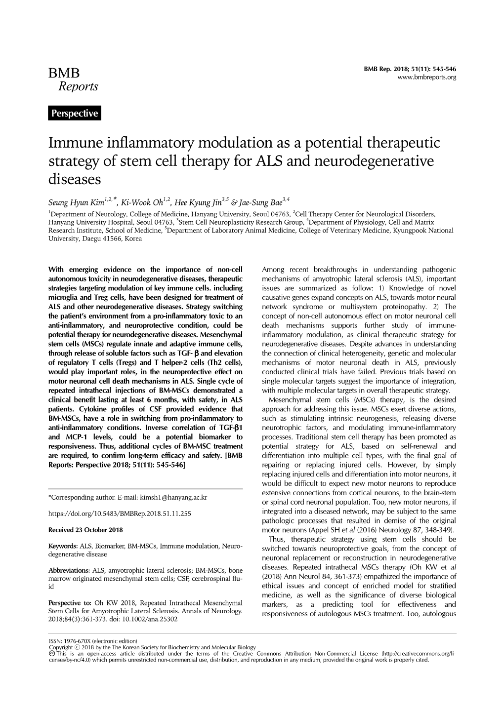 Immune Inflammatory Modulation As a Potential Therapeutic Strategy of Stem Cell Therapy for ALS and Neurodegenerative Diseases