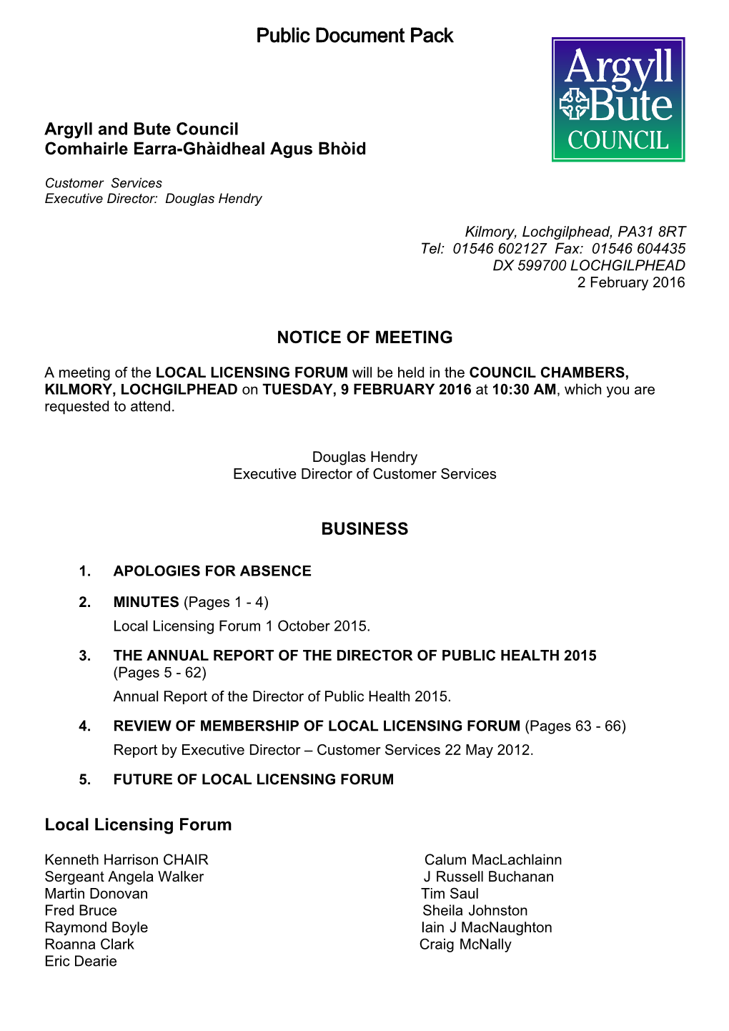 (Public Pack)Agenda Document for Local Licensing Forum, 09/02/2016