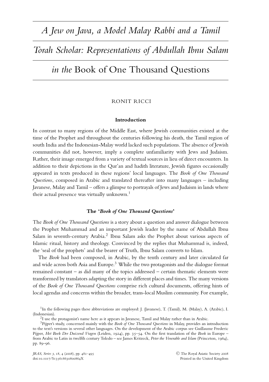 A Jew on Java, a Model Malay Rabbi and a Tamil Torah Scholar: Representations of Abdullah Ibnu Salam in the Book of One Thousand Questions