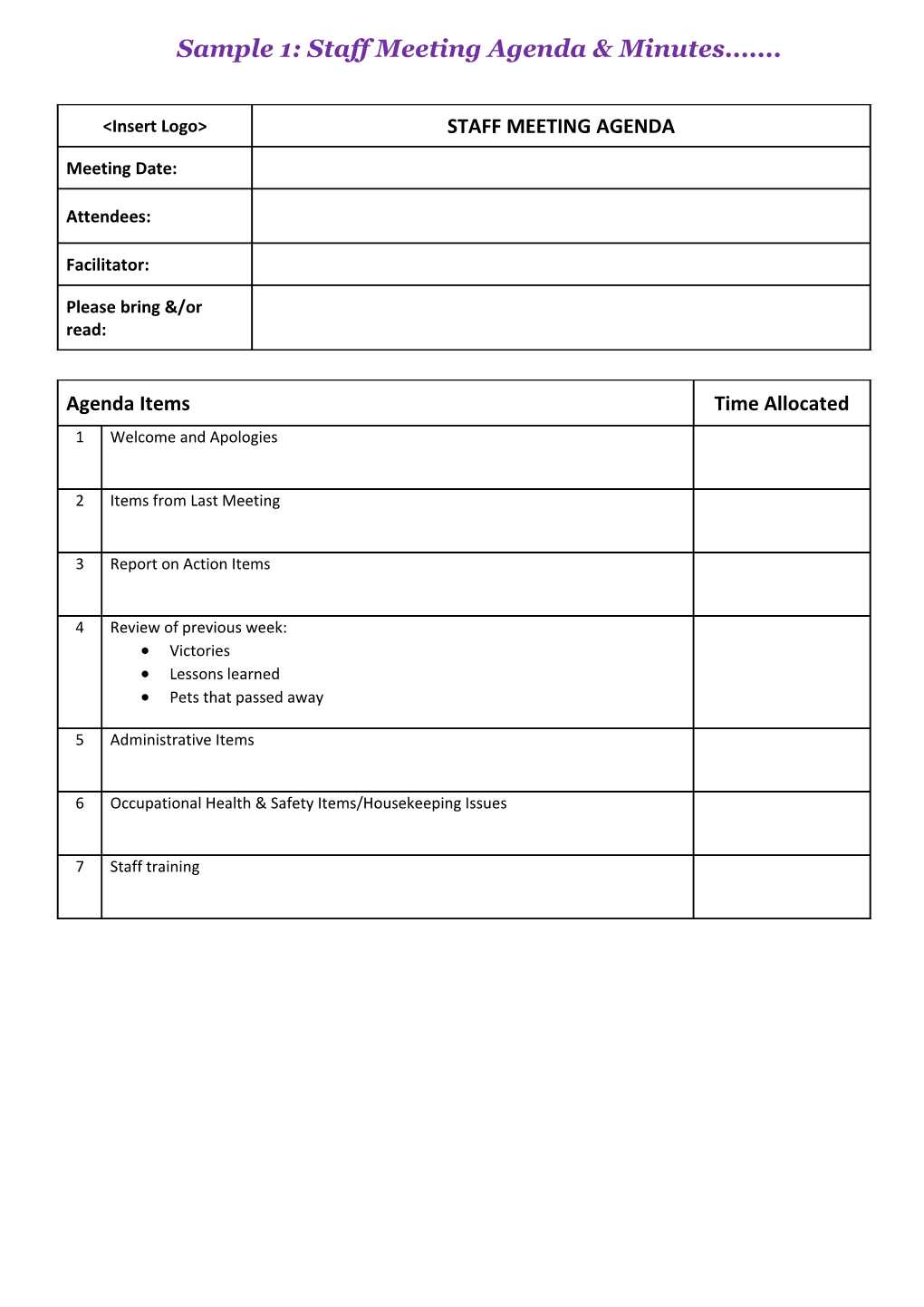 Staff Meeting Agenda & Minutes Template