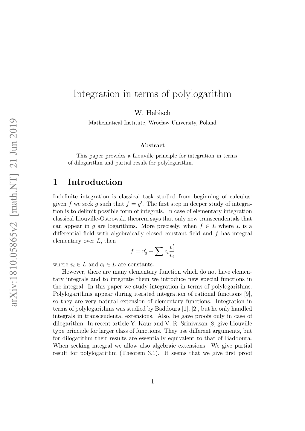 [Math.NT] 21 Jun 2019 Integration in Terms of Polylogarithm