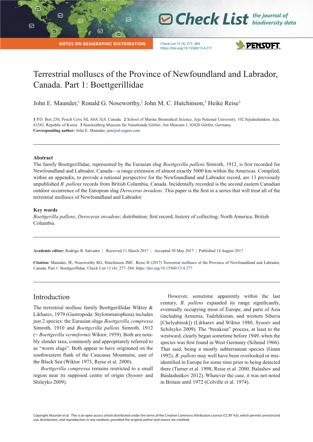 Terrestrial Molluscs of the Province of Newfoundland and Labrador, Canada