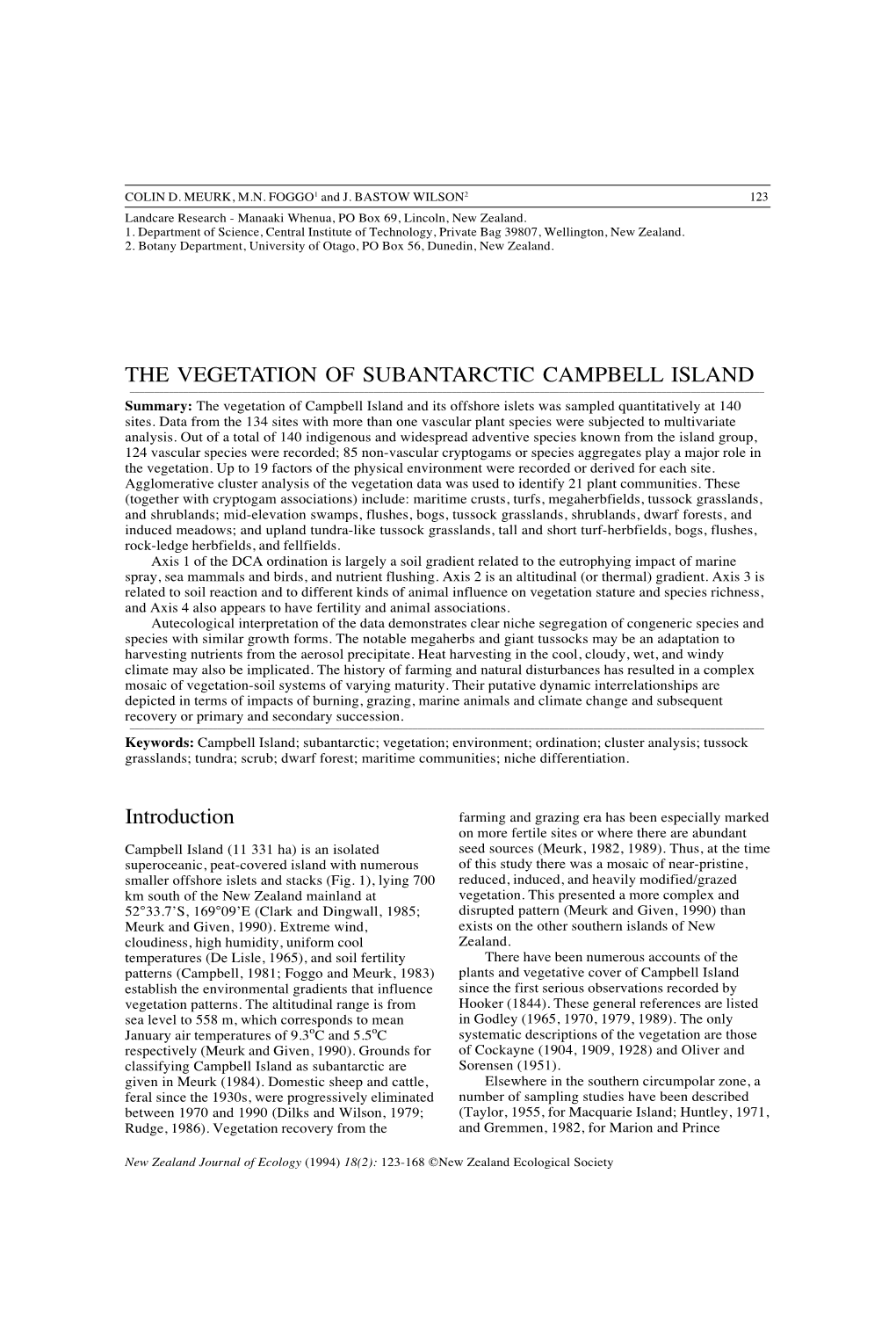 THE VEGETATION of SUBANTARCTIC CAMPBELL ISLAND ______Summary: the Vegetation of Campbell Island and Its Offshore Islets Was Sampled Quantitatively at 140 Sites