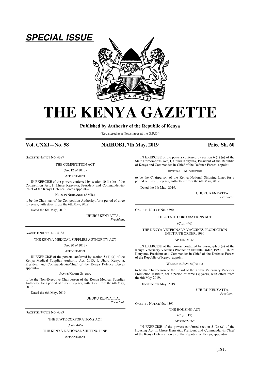 THE KENYA GAZETTE Published by Authority of the Republic of Kenya (Registered As a Newspaper at the G.P.O.)