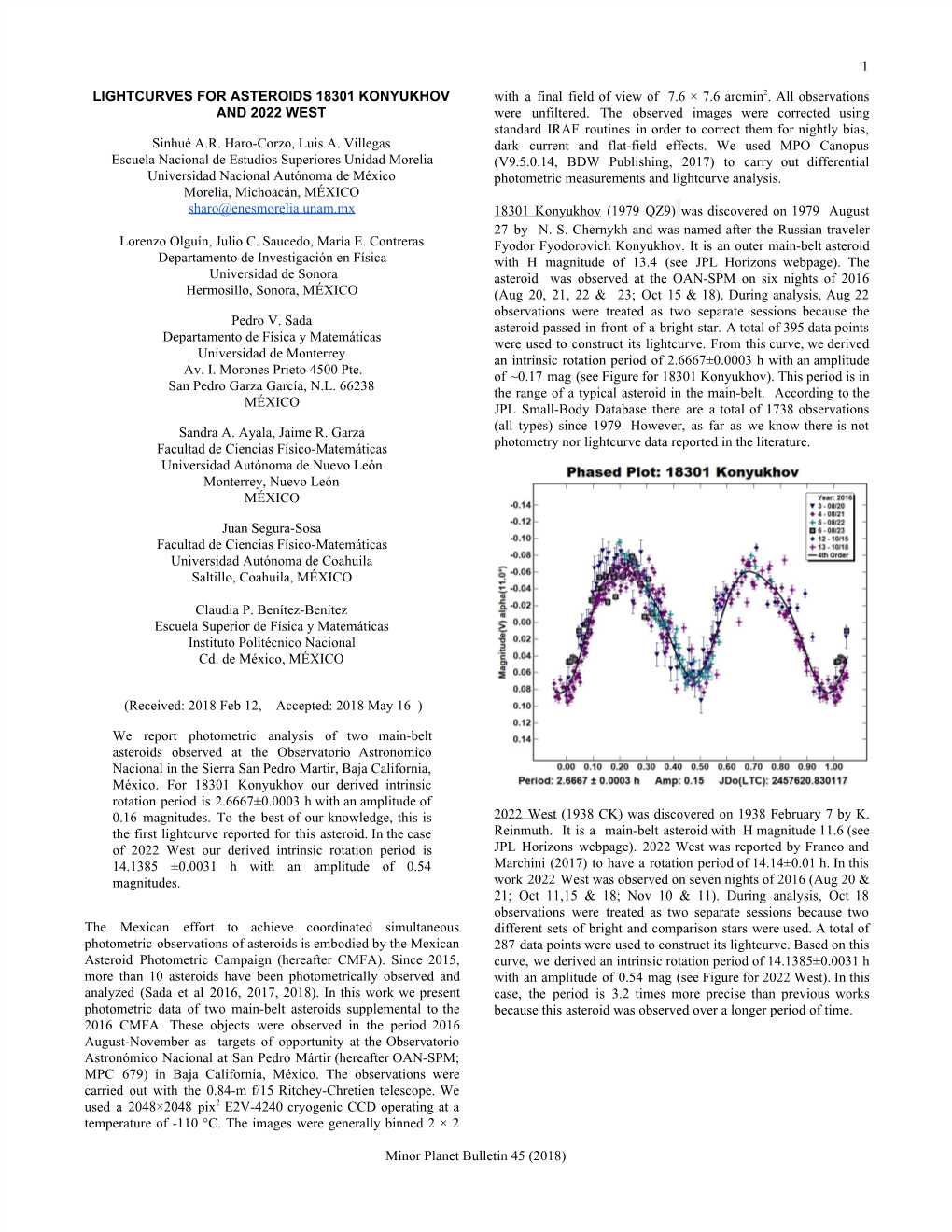 1 LIGHTCURVES for ASTEROIDS 18301 KONYUKHOV and 2022 WEST Sinhué A.R. Haro-Corzo, Luis A. Villegas Escuela Nacional De Estudio