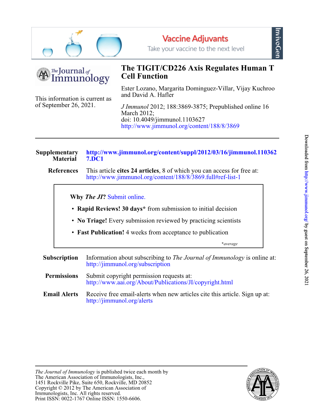 Cell Function the TIGIT/CD226 Axis Regulates Human T