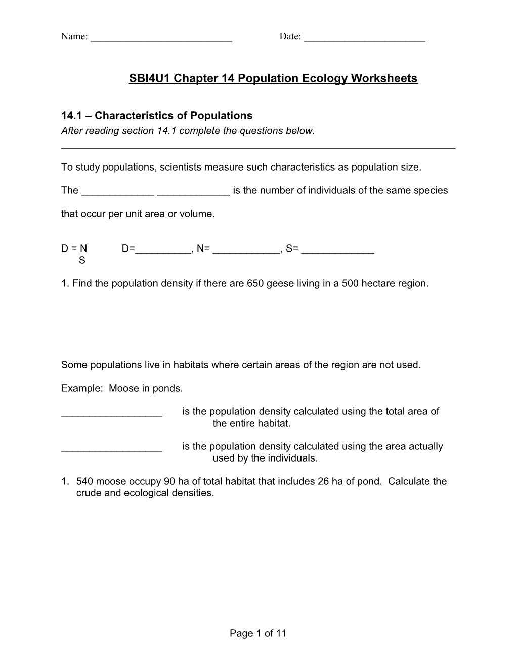 SBI4U1 Chapter 14 Population Ecology Worksheets