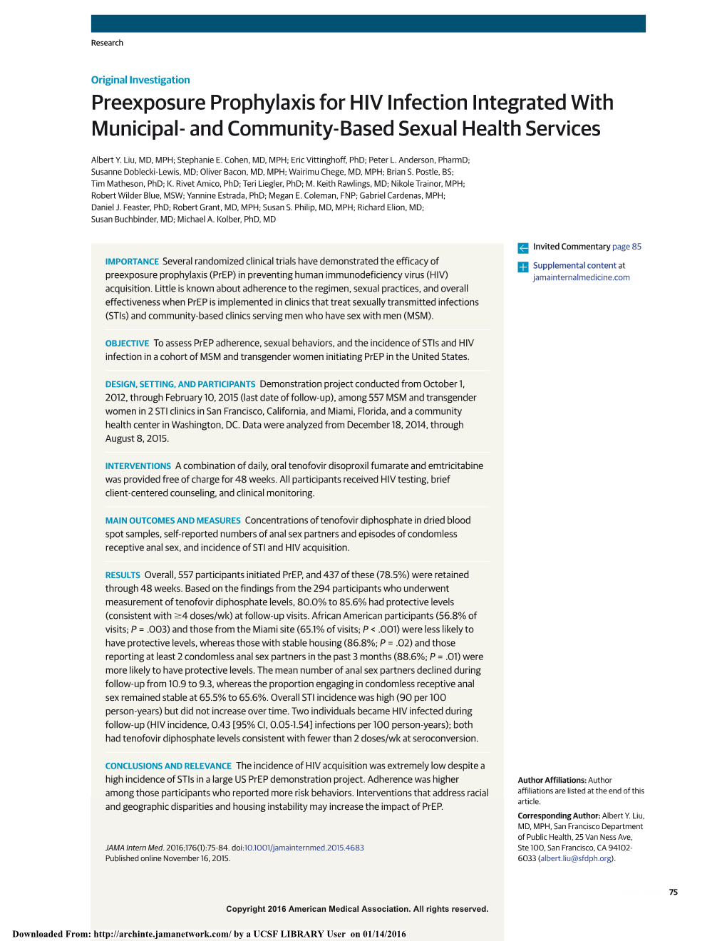 Preexposure Prophylaxis for HIV Infection Integrated with Municipal- and Community-Based Sexual Health Services