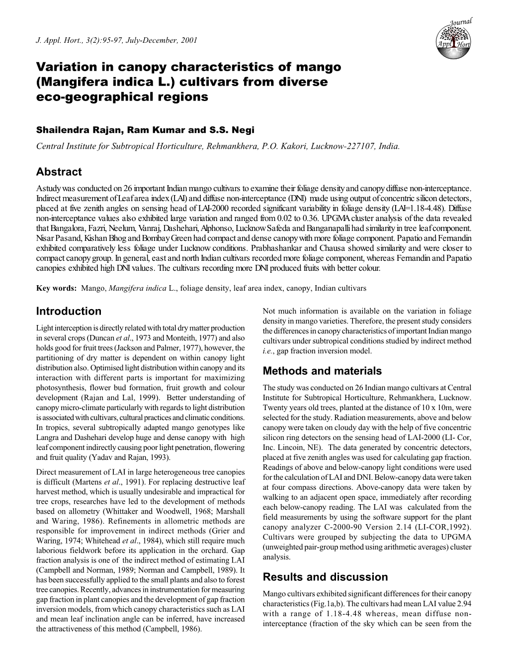 Variation in Canopy Characteristics of Mango (Mangifera Indica L.) Cultivars from Diverse Eco-Geographical Regions