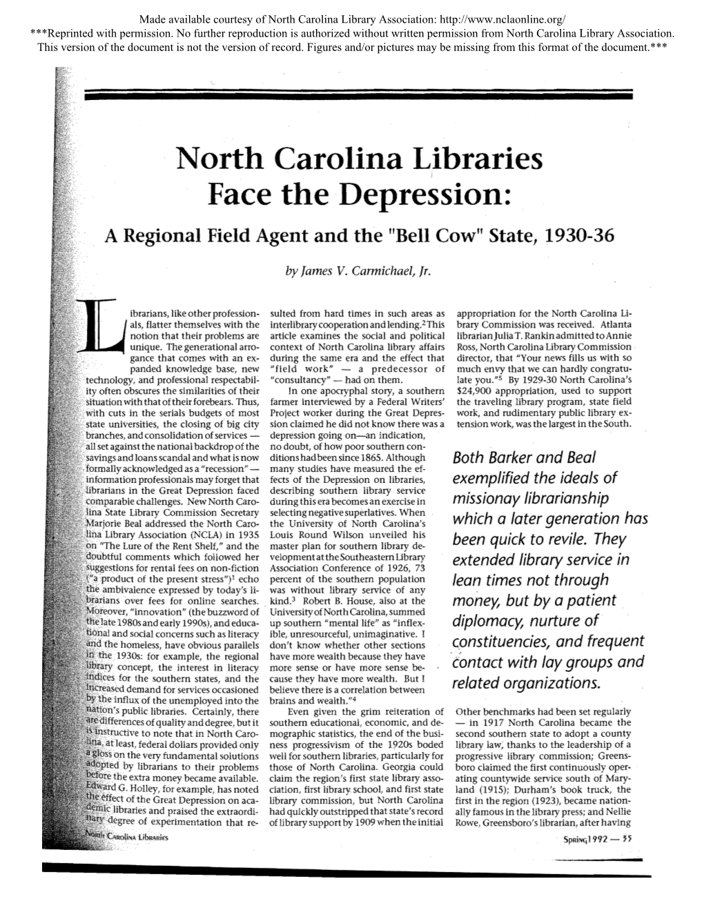 North Carolina Libraries Face the Depression