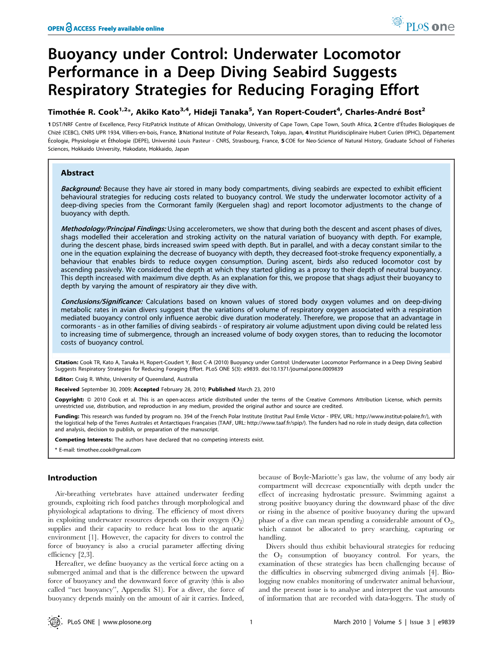 Underwater Locomotor Performance in a Deep Diving Seabird Suggests Respiratory Strategies for Reducing Foraging Effort