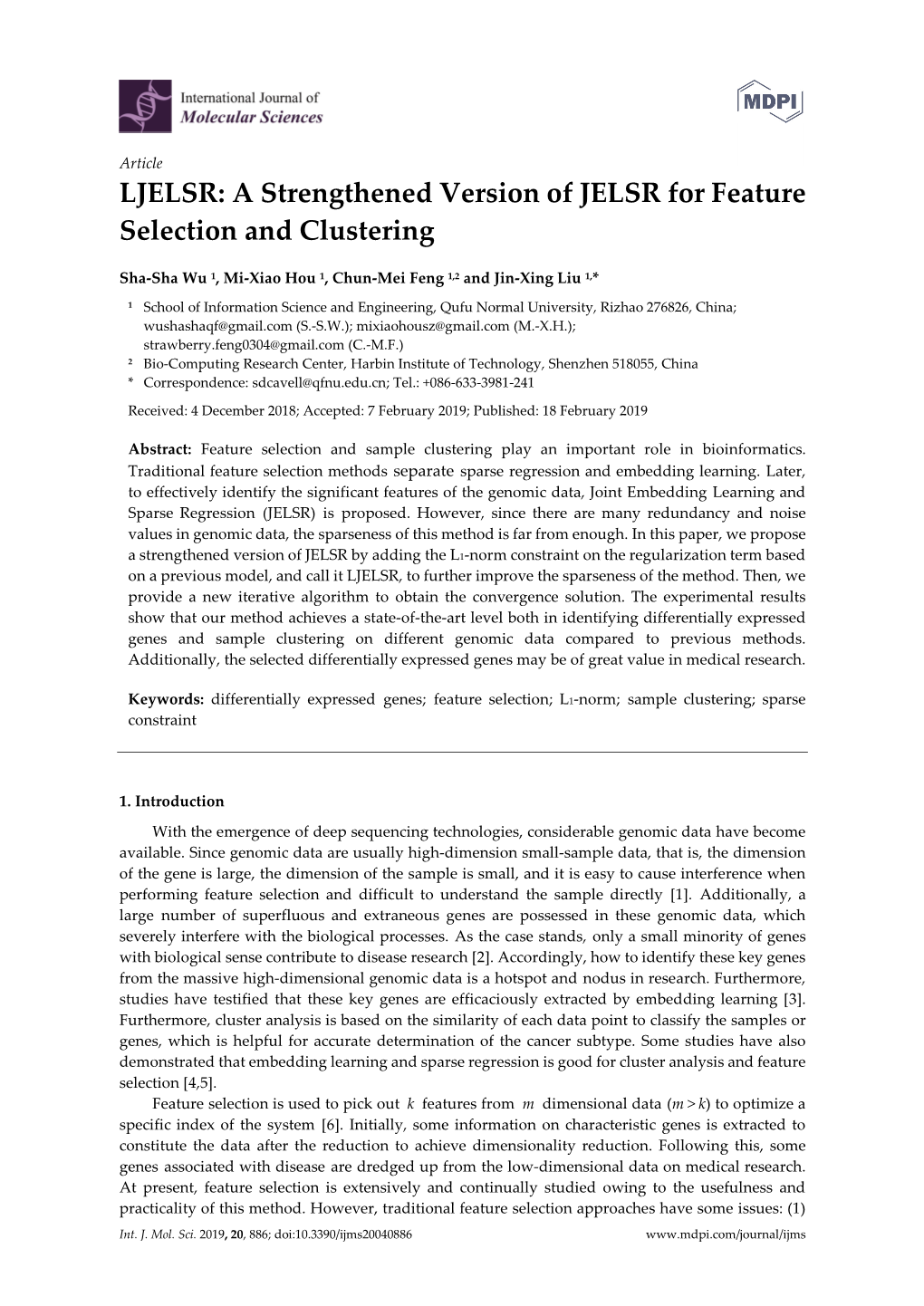 LJELSR: a Strengthened Version of JELSR for Feature Selection and Clustering