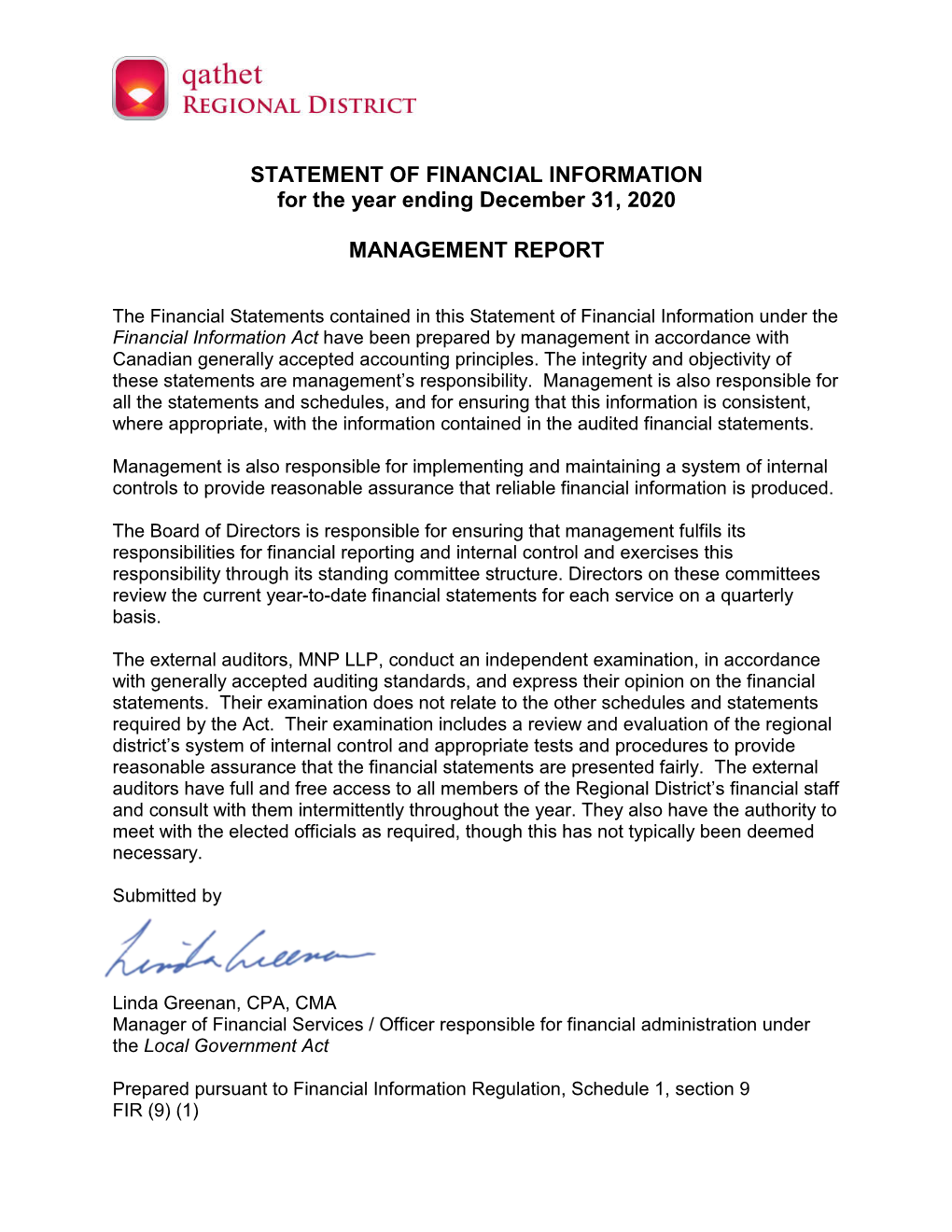 STATEMENT of FINANCIAL INFORMATION for the Year Ending December 31, 2020