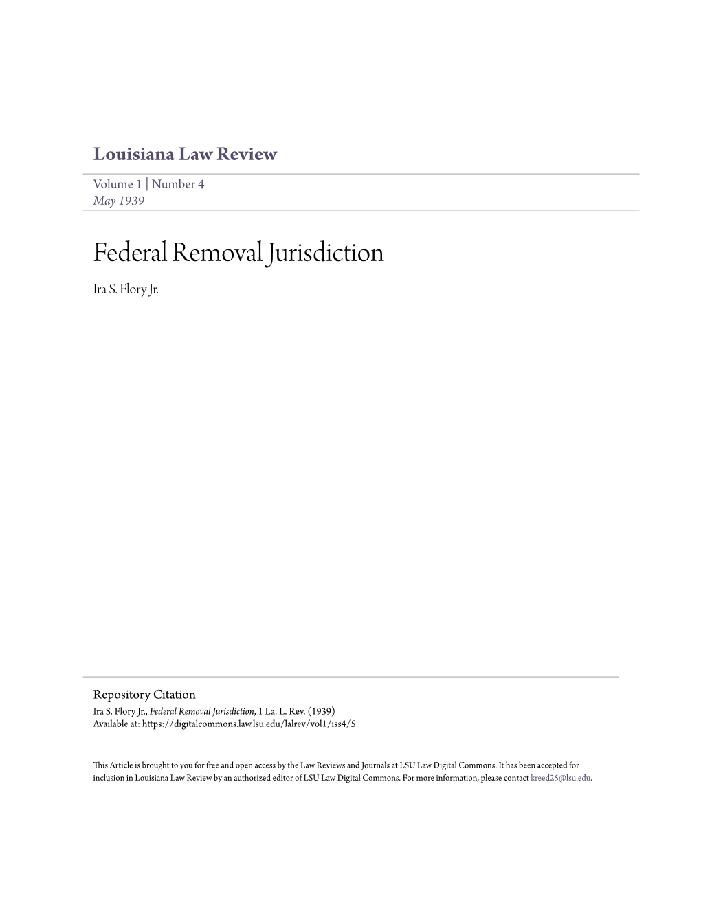 Federal Removal Jurisdiction Ira S