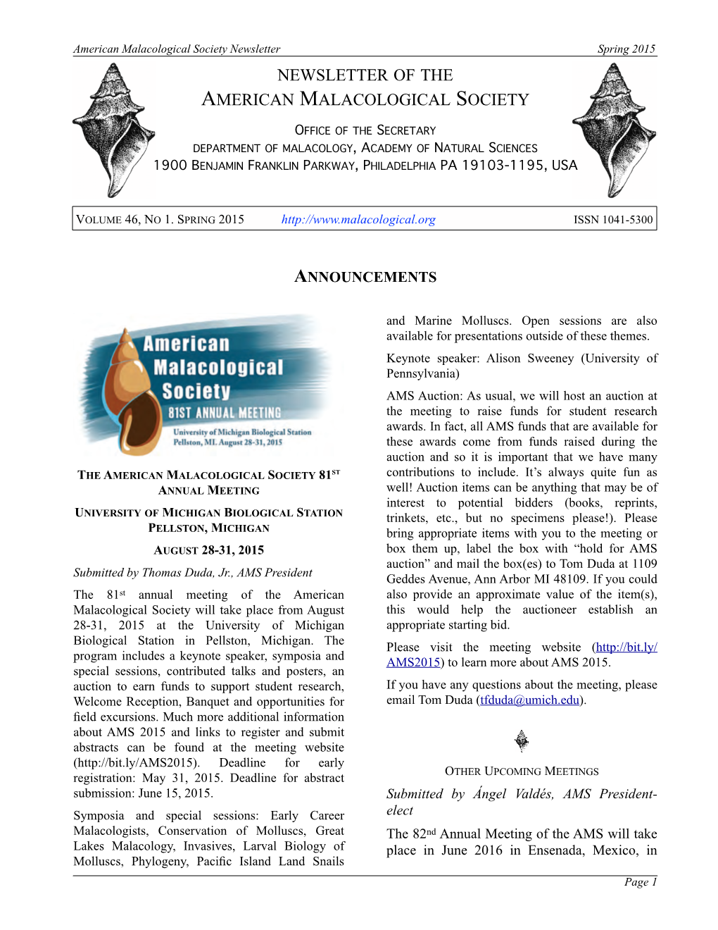Spring 2015 NEWSLETTER of the AMERICAN MALACOLOGICAL SOCIETY