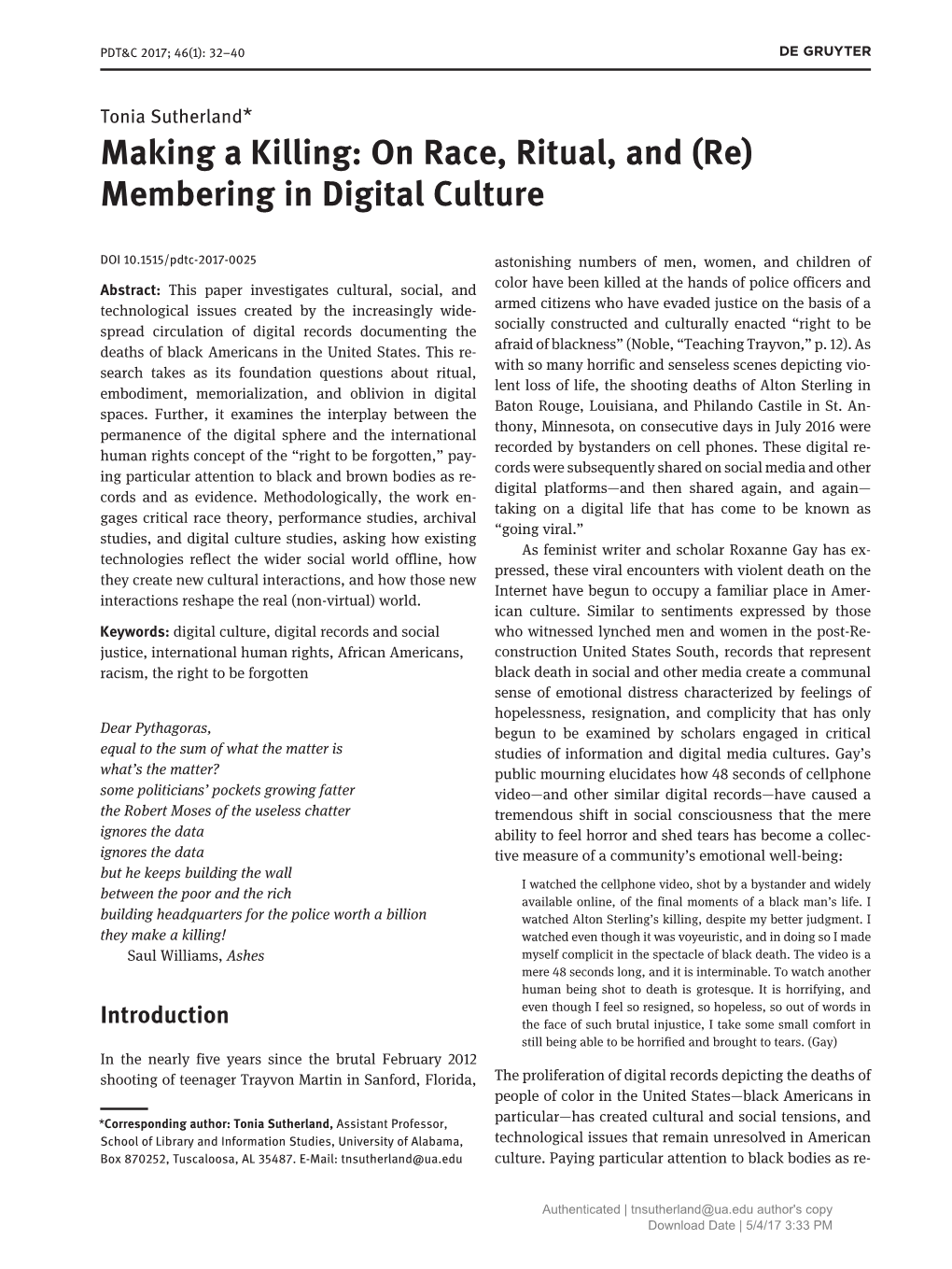 Making a Killing: on Race, Ritual, and (Re) Membering in Digital Culture