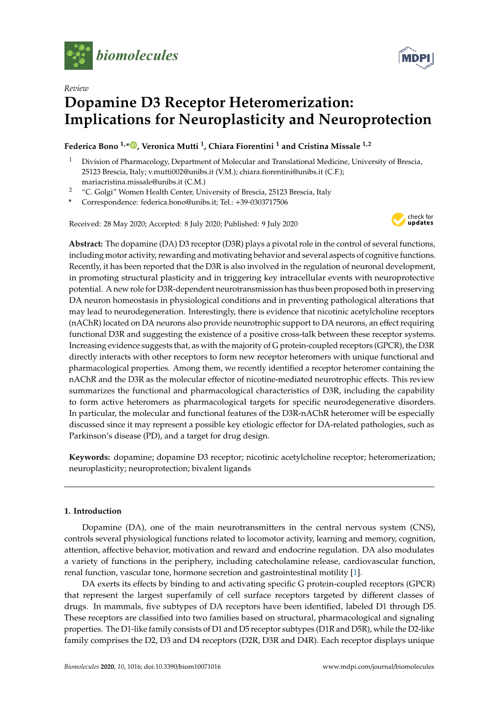 Dopamine D3 Receptor Heteromerization: Implications for Neuroplasticity and Neuroprotection