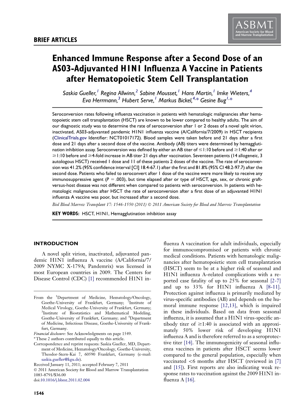 Enhanced Immune Response After a Second Dose of an AS03-Adjuvanted H1N1 Inﬂuenza a Vaccine in Patients After Hematopoietic Stem Cell Transplantation