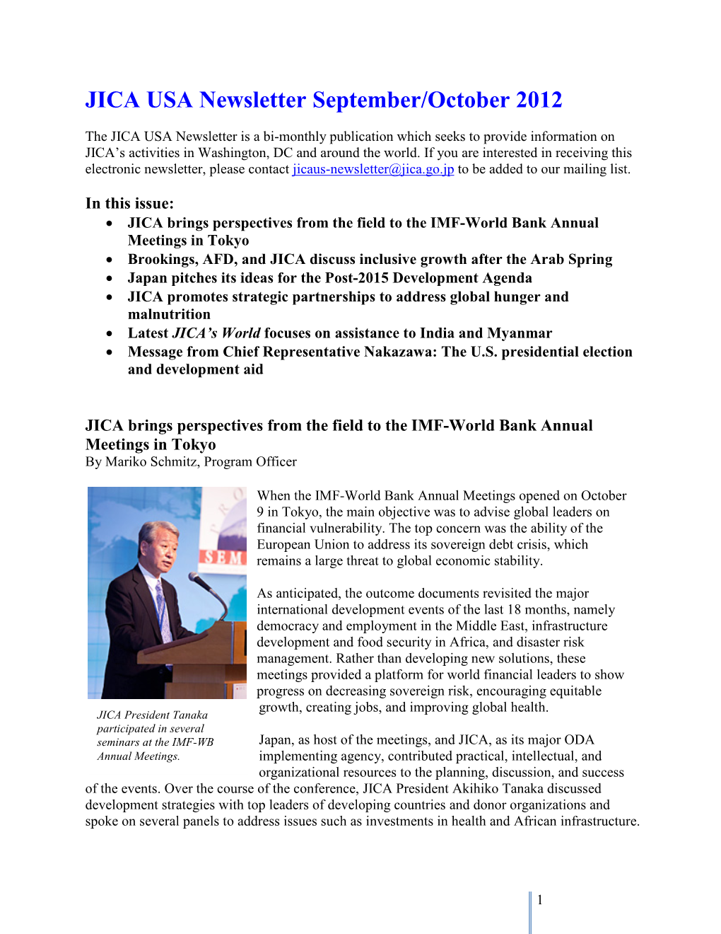 JICA USA Newsletter September/October 2012