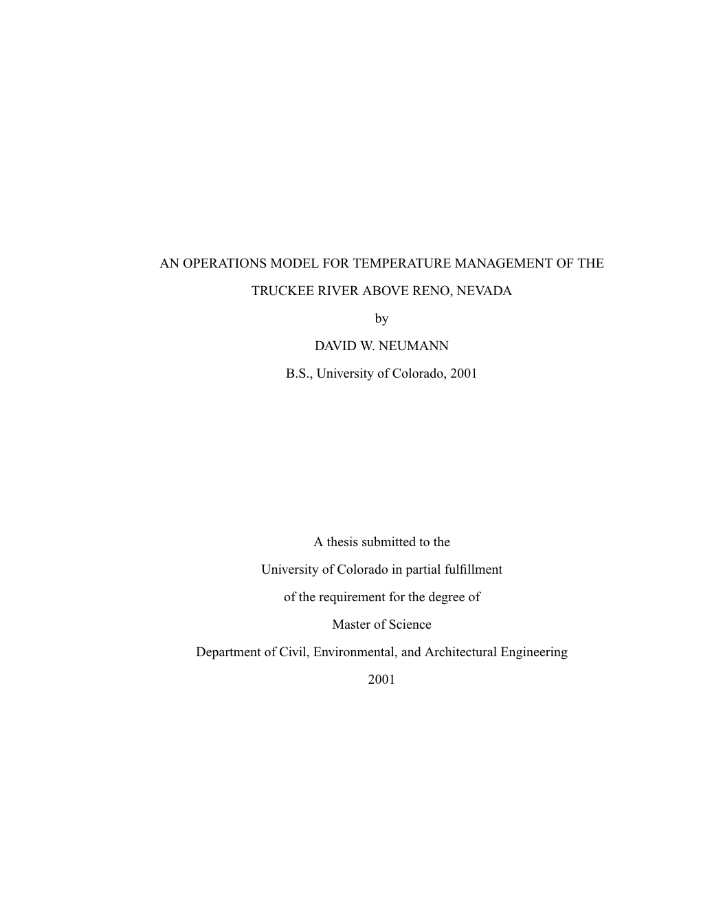 AN OPERATIONS MODEL for TEMPERATURE MANAGEMENT of the TRUCKEE RIVER ABOVE RENO, NEVADA by DAVID W