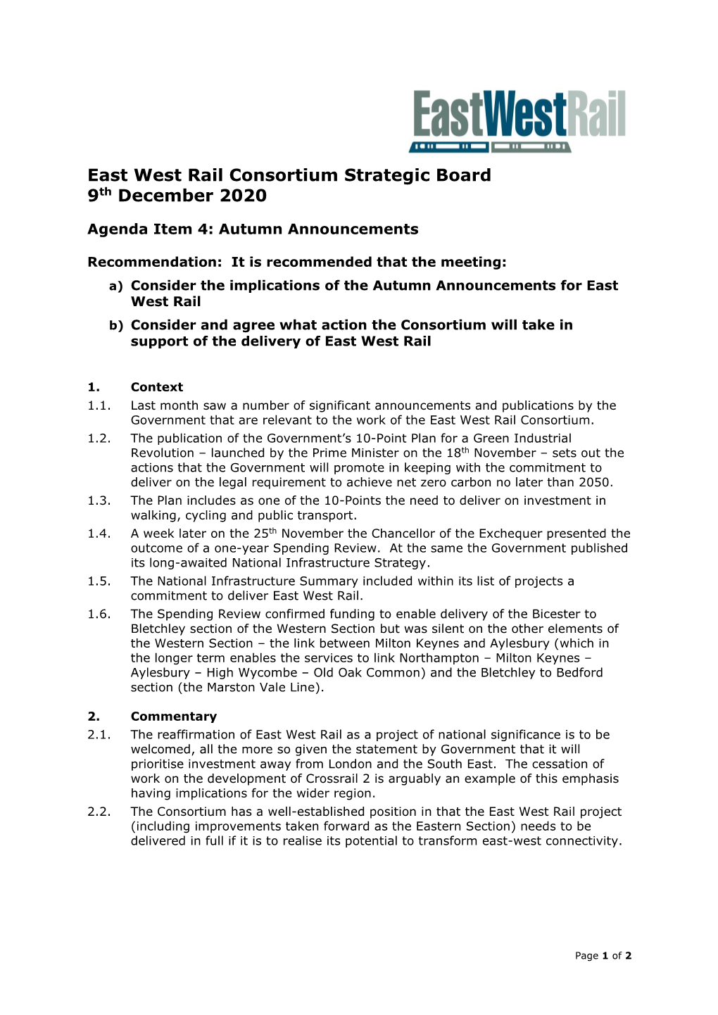 East West Rail Consortium Strategic Board 9Th December 2020