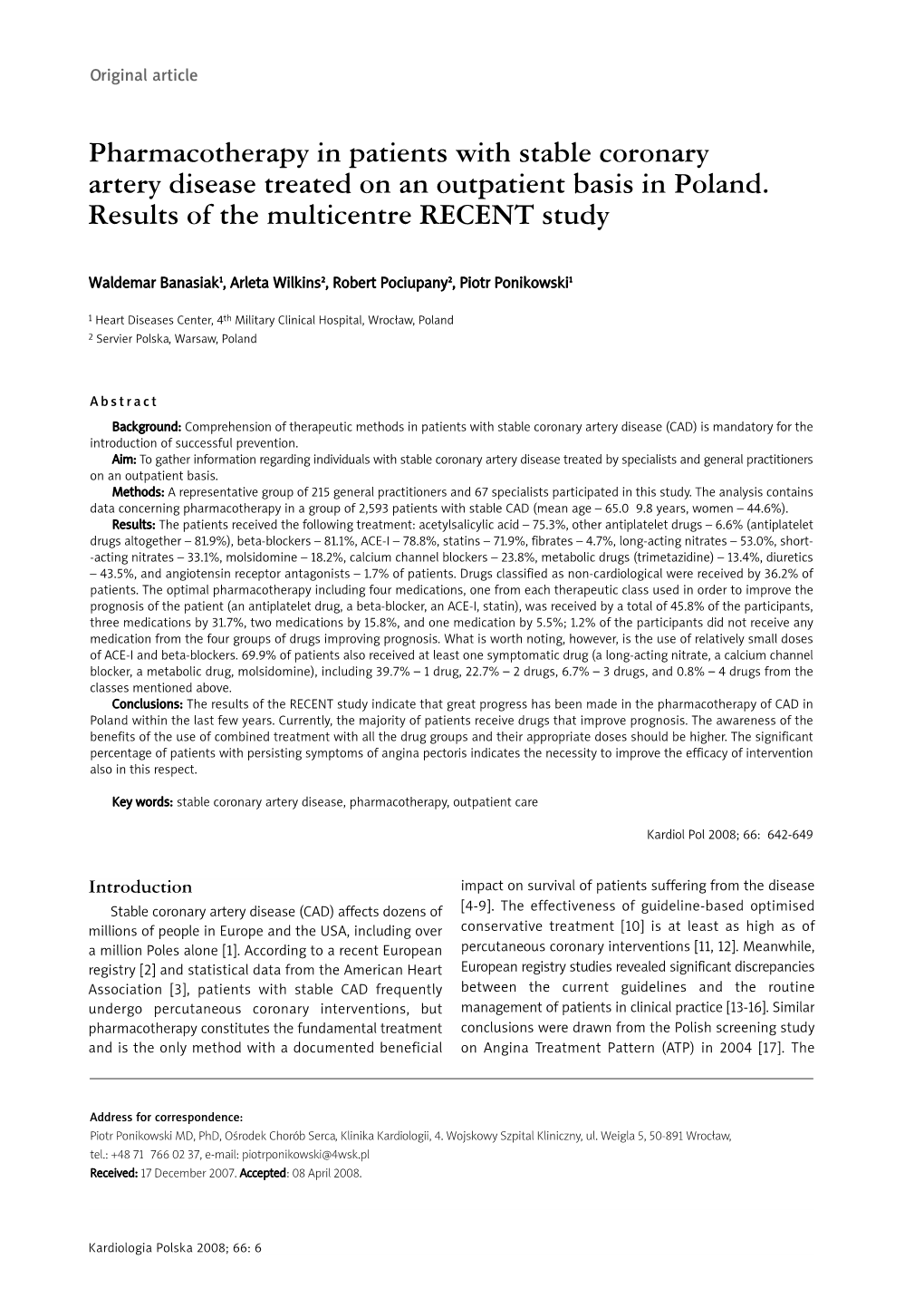 Pharmacotherapy in Patients with Stable Coronary Artery Disease Treated on an Outpatient Basis in Poland