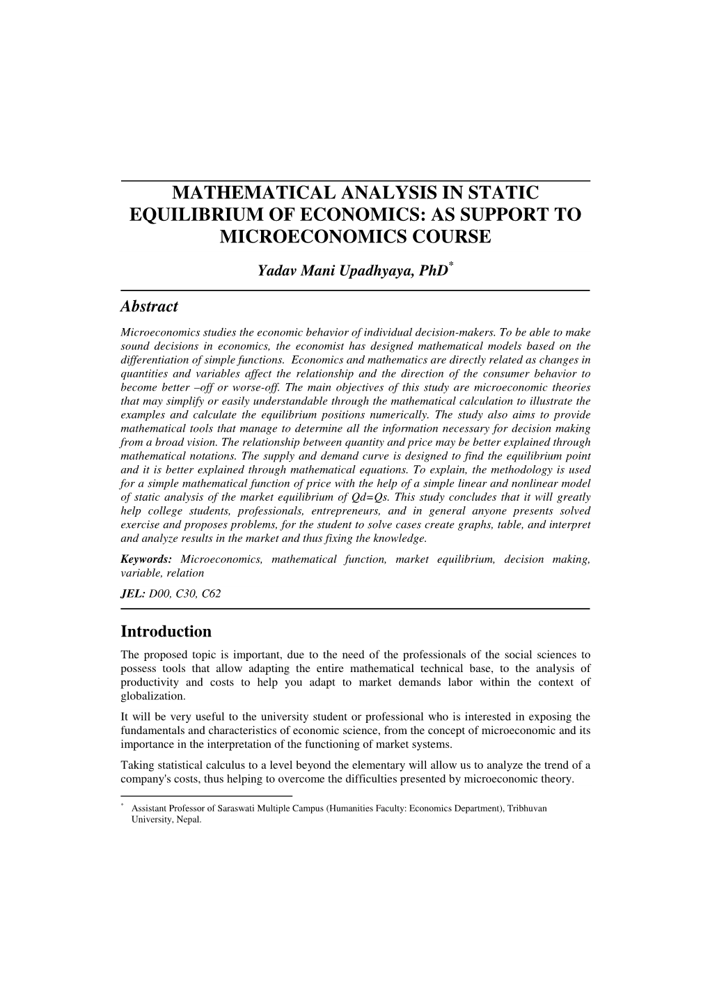 Mathematical Analysis in Static Equilibrium of Economics: As Support to Microeconomics Course