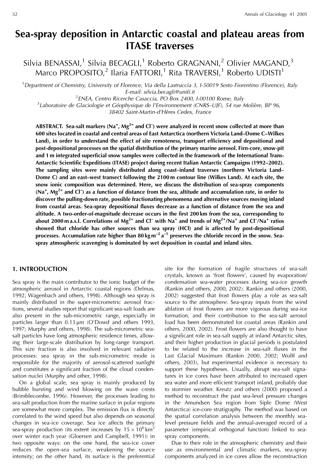 Sea-Spray Deposition in Antarctic Coastal and Plateau Areas from ITASE Traverses