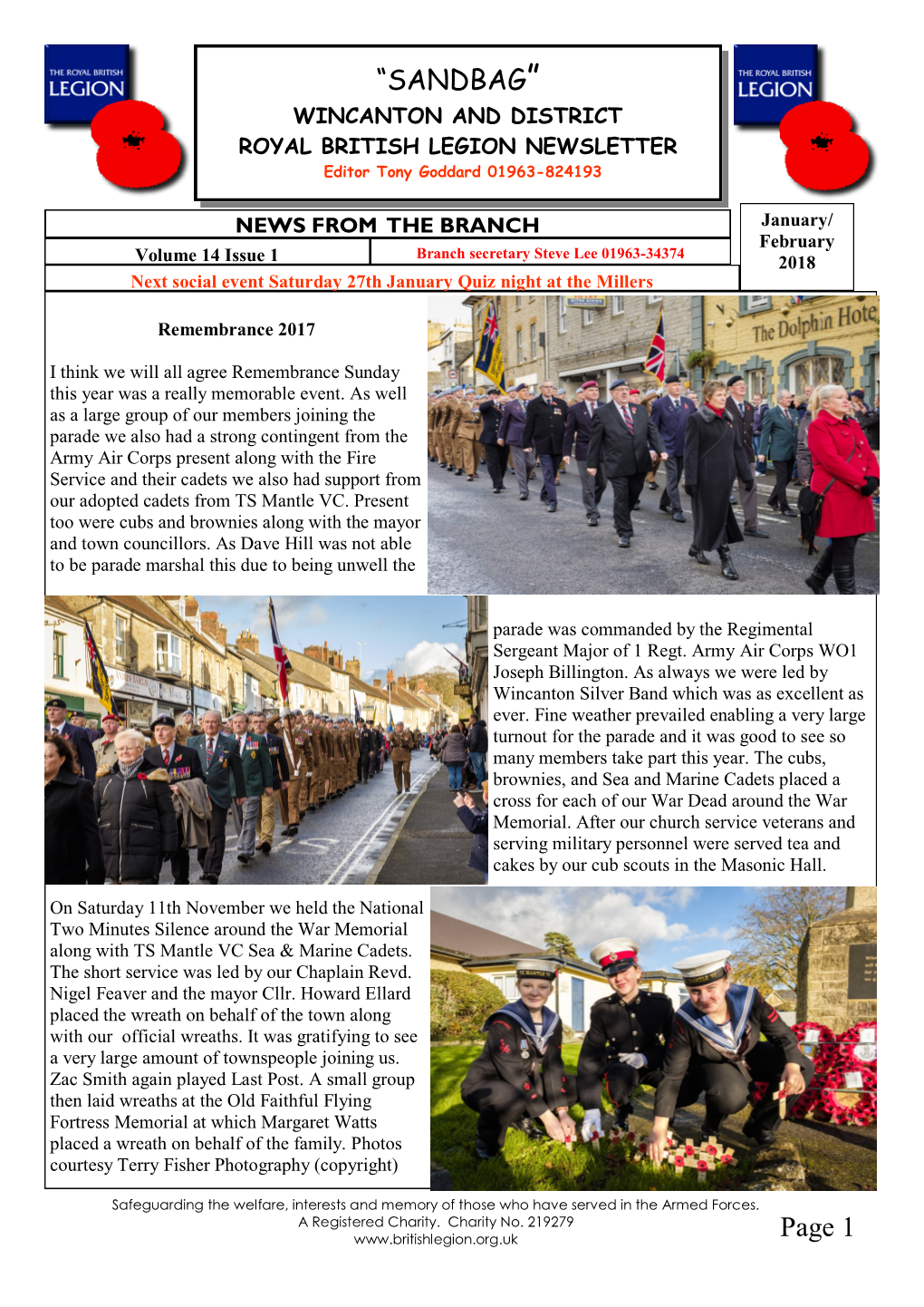 SANDBAG” WINCANTON and DISTRICT ROYAL BRITISH LEGION NEWSLETTER Editor Tony Goddard 01963-824193