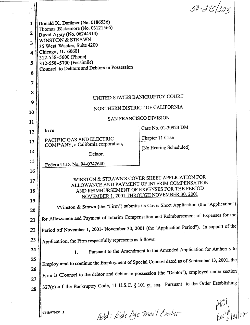 Winston & Strawn's Cover Sheet Application for Allowance