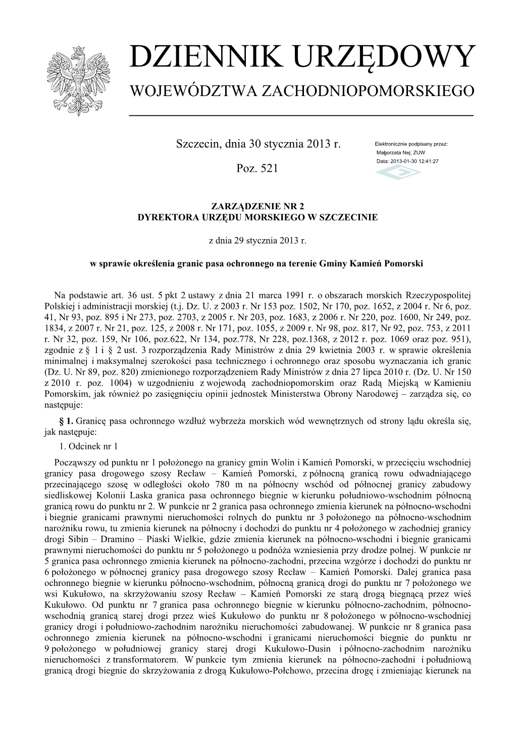 Zarządzenie Nr 2 Dyrektora Urzędu Morskiego W Szczecinie Z Dnia 29